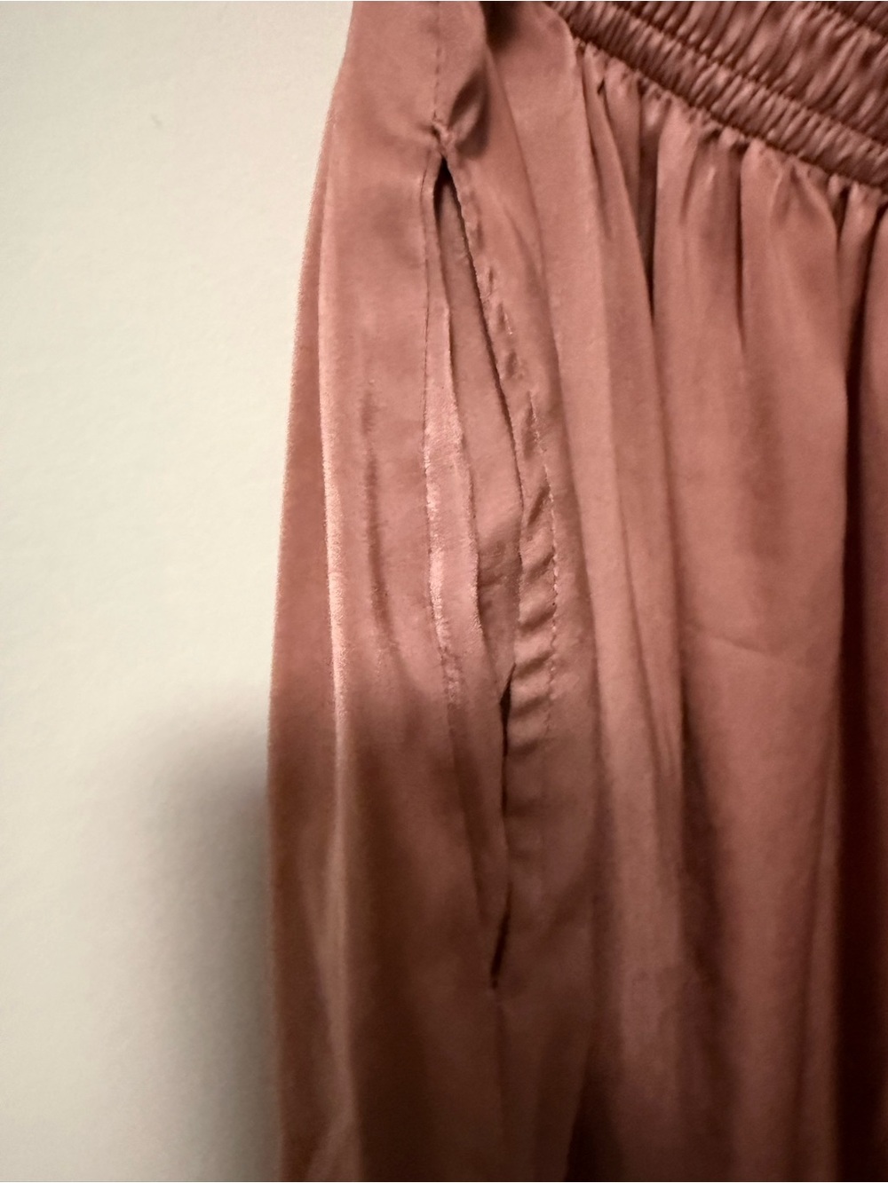 Women's Satin Elastic Waist Maxi Skirt in pink, with pockets